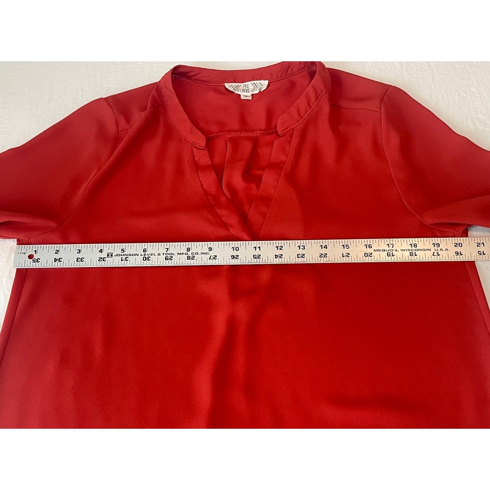 00748 Pink Rose Orange Roll Tab Sleeve V Neck High Low Blouse‎ Women Medium - Picture 4 of 8